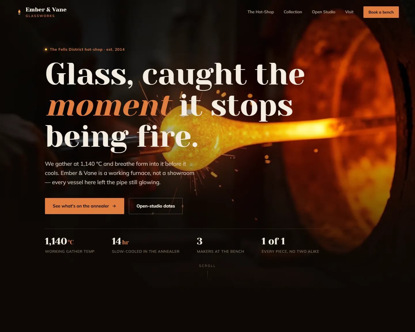 Ember And Vane — Glassblowing, Hot Shop landing design