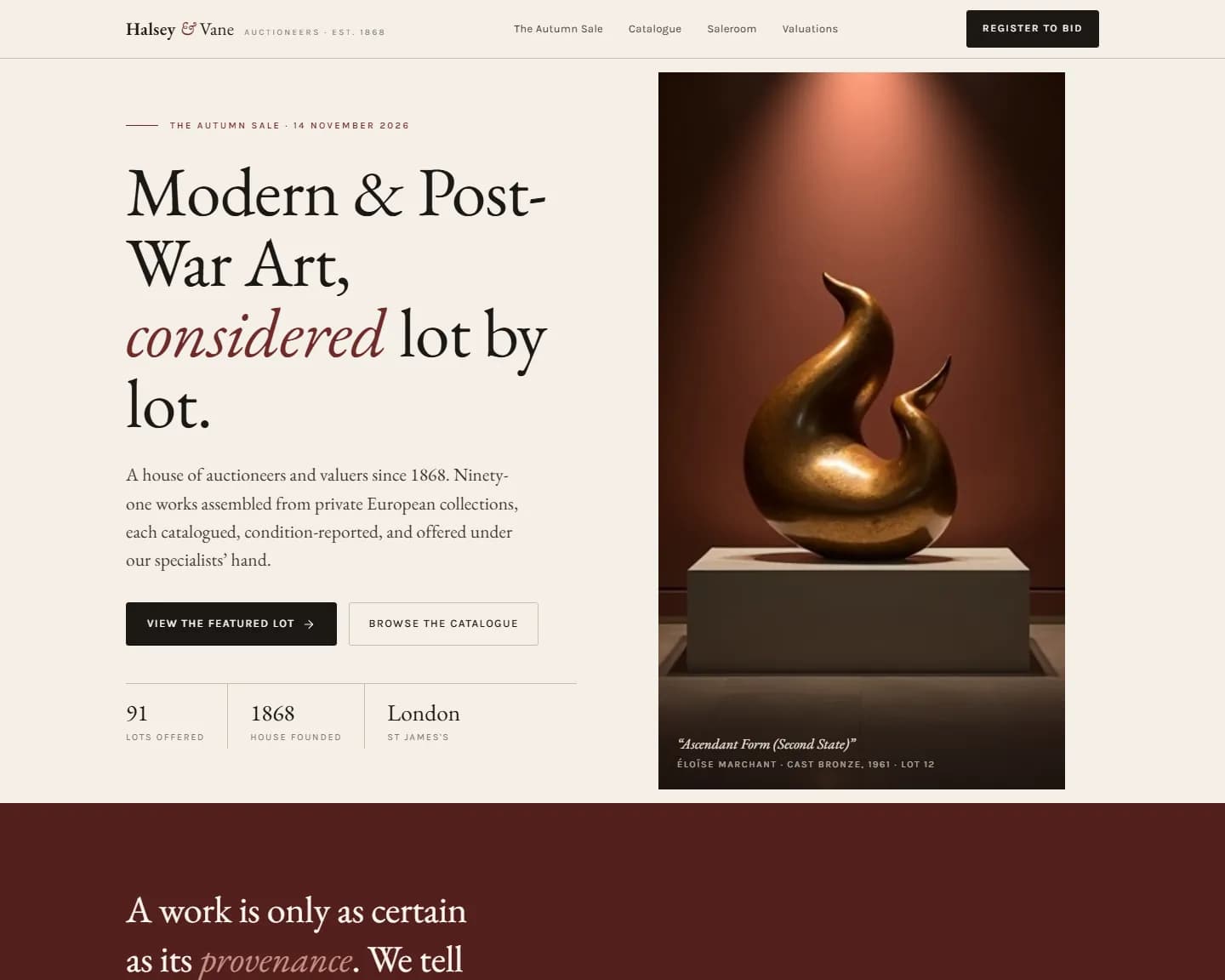 Halsey Vane — Fine Art, Auction House landing design