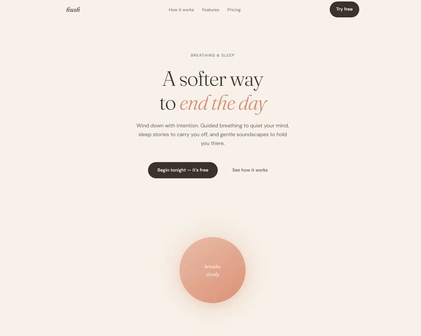 Hush — Wellness, Sleep landing design