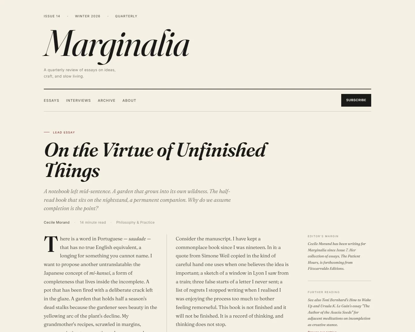 Marginalia — Editorial, Publication landing design