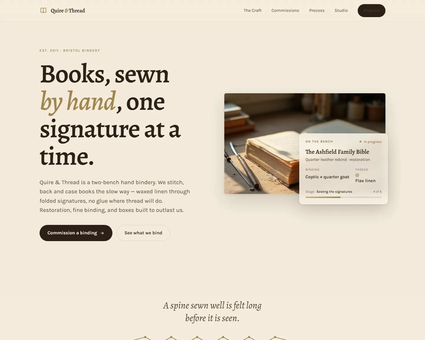 Quire And Thread — Bookbinding, Bindery landing design