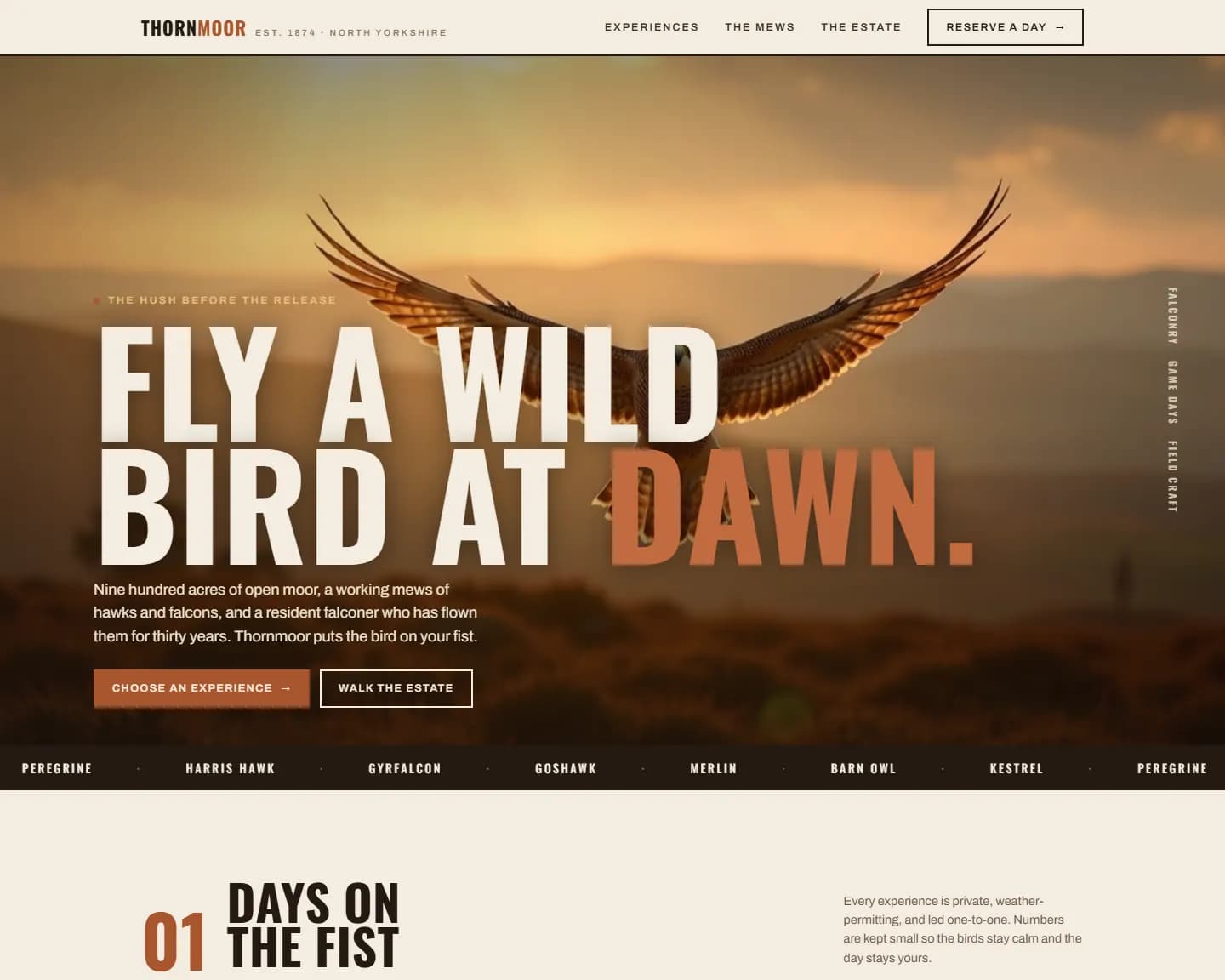 Thornmoor Estate — Falconry, Countryside Estate landing design